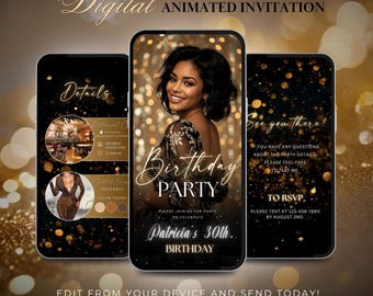Invitación animada para cena de cumpleaños en oro negro, plantilla editable de Canva, invitación de fiesta glamurosa en vídeo para mujeres, descarga de confirmación de asistencia digital.