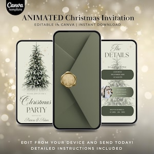 Puede incluir: Invitación de Navidad animada mostrada en tres smartphones. El diseño presenta un árbol de Navidad, fondo verde oliva y detalles dorados. El texto incluye "Christmas Party" y detalles del evento. La plantilla de Canva es editable y de descarga instantánea.