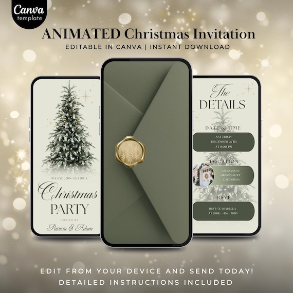 Christmas Party Invitation Template, Elegant Holiday Digital Invite, Luxury Animated Canva Evite, Winter Celebration Card, Editable Template