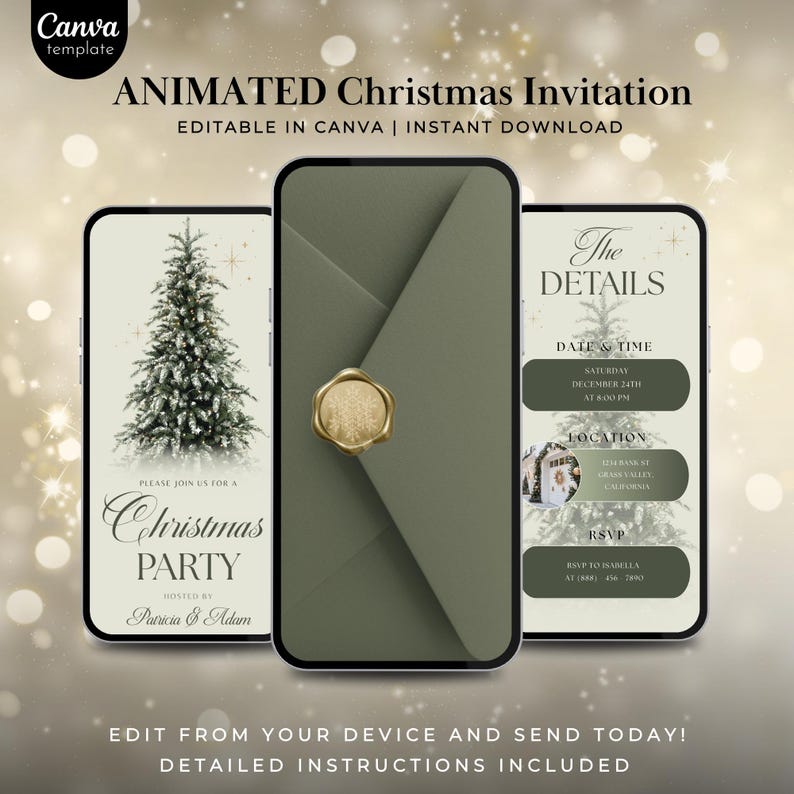 May include: Three smartphone screens displaying an animated Christmas party invitation template. The left screen shows a Christmas tree graphic, the center screen shows a sage green envelope with a gold wax seal, and the right screen shows event details.