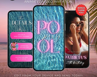 Pool party birthday invitation, Pool party animated digital invite, Bbq event Template,Digital Swimming Party Itinerary,Summer event Planner