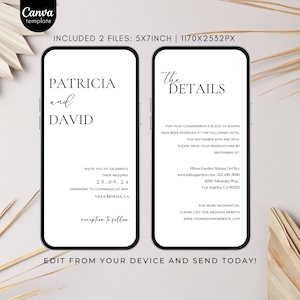 May include: A wedding invitation template with a white background and black text. The top half of the card says "Patricia and David" and the bottom half says "Invite you to celebrate their wedding 25.09.24 Ceremony to commence at 3pm Villa Benezia, CA reception to follow". The right side of the card has the details of the wedding, including the hotel, address, and website. The text says "The Details For your convenience a block of rooms have been reserved at the following hotel for September 24th and 25th. Please make your reservations by September 1st. Hilton Garden Marina Del Rey www.hiltongarden.com 123-456-7890 4200 Admiralty Way, Los Angeles, CA 90292 For more information, please visit our wedding website www.yourweddingwebsite.com".