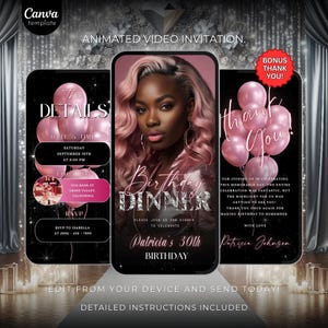 Birthday Dinner Invitation, Elegant Digital Birthday Party Invite with photo,Pink Silver Formal Affair Party Animated Self Editable Template