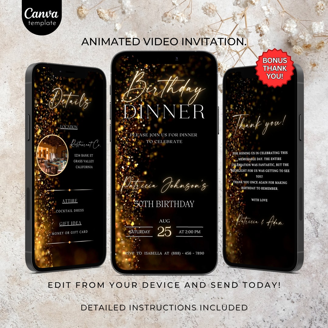 Invitación de video animada para cena de cumpleaños, invitación de texto  para fiesta de cumpleaños digital, invitación para cena, descarga de ..., image size:1080x1080