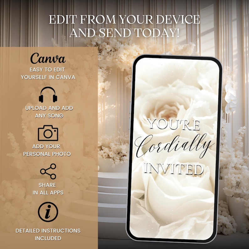 May include: A white smartphone with a black frame displays a wedding invitation with a white rose and the text "YOU'RE CORDIALLY INVITED". The phone is on a white background with white flowers.