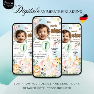 Digitale Einladung Kindergeburtstag 1, Geburtstag mit Foto, Personalisierbare Einladungskarte WhatsApp Dschungel Safari Party, Canva Vorlage