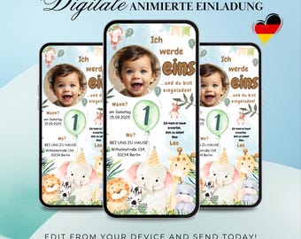 Digitale Einladung Kindergeburtstag 1, Geburtstag mit Foto, Personalisierbare Einladungskarte WhatsApp Dschungel Safari Party, Canva Vorlage