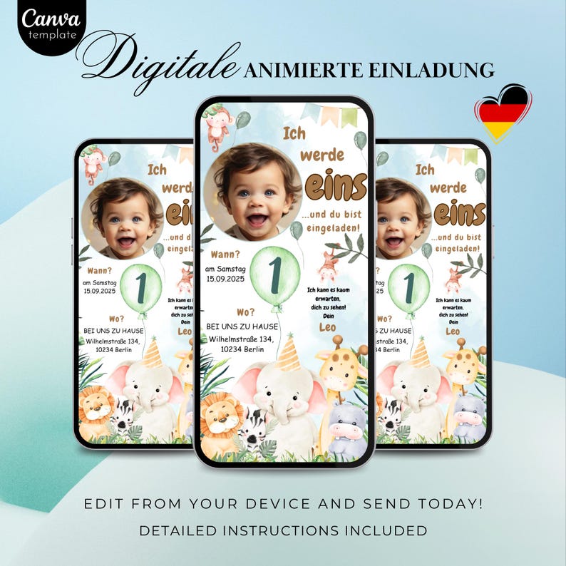 May include: A digital animated invitation for a first birthday party. The invitation features a cute baby boy with a green balloon that says "1" and a jungle animal theme. The text on the invitation says "I am turning one... and you are invited!" and includes the date, time, and location of the party.