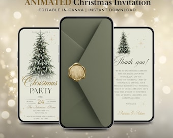 Invito di Natale animato / Invito elegante e neutro per feste / Modello Canva di Natale verde salvia / Download digitale istantaneo