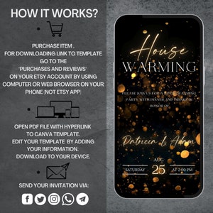 K&ouml;nnte beinhalten: Eine digitale Einladung in Schwarz und Gold f&uuml;r eine Einweihungsparty. Die Einladung zeigt einen goldenen Glitzerhintergrund mit dem Text "House Warming" in goldener Schrift. Die Einladung enth&auml;lt auch die Namen "Patricia & Adam", das Datum "25. August" und die Uhrzeit "14:00 Uhr".