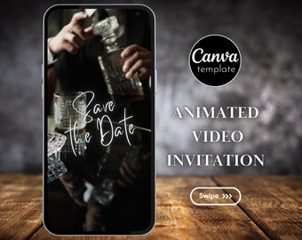 Invito digitale animato a tema whisky Save the Date per la festa di compleanno degli uomini, modello modificabile, invito video di compleanno per adulti, moderno 175