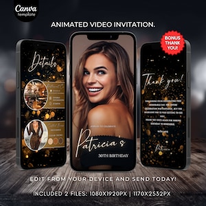 Editable Birthday Invitation Template Black and Gold Birthday invite for girls Birthday party Invitation with photo Animated Video Invite