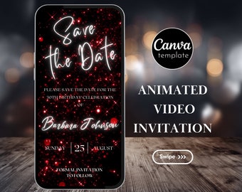 Editable Save the Date Invitation Template Digital Red Birthday Modern Save the date Animated Invitation Birthday Party Evite Video Invite34