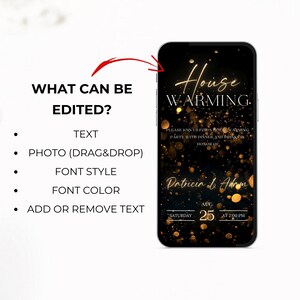 K&ouml;nnte beinhalten: Eine digitale Einladung in Schwarz und Gold f&uuml;r eine Einweihungsparty. Die Einladung zeigt eine goldene Schriftart im Schriftstil, die "House Warming" sagt, und einen goldenen Hintergrund mit einem Bokeh-Effekt. Der Text auf der Einladung lautet: "Bitte feiern Sie mit uns eine Einweihungsparty mit Abendessen und Getr&auml;nken zu Ehren von Patricia & Adam. Samstag, 25. August um 14:00 Uhr."