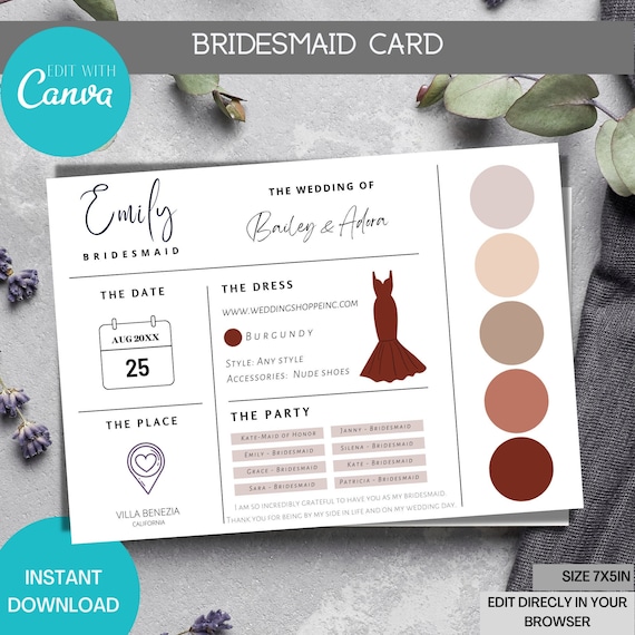 Bridesmaid Information Card Template, Bridal Party Info Card, Bridesmaid Proposal Card, Minimalist Bridesmaid Infographic, maid of honor 2