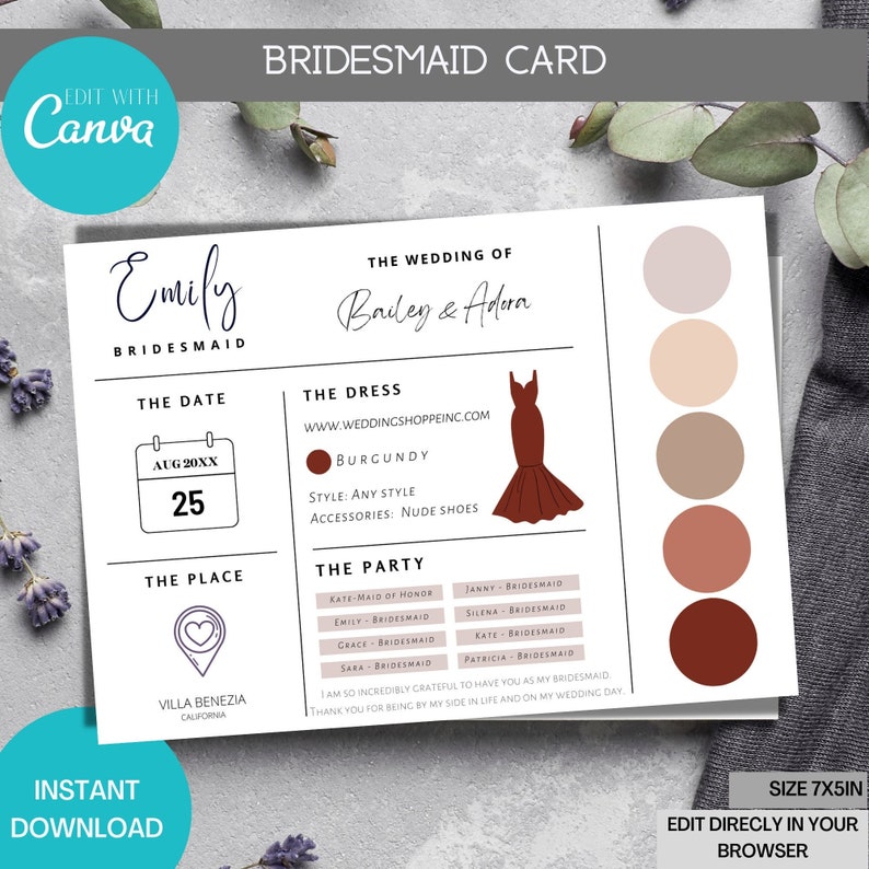 K&ouml;nnte beinhalten: Eine Brautjungfernkarte mit einem burgunderfarbenen Kleid, einem Kalender mit dem Datum 25. August und einer Kartennadel mit einem Herzen. Die Karte enth&auml;lt auch die Namen Bailey & Adora sowie den Text "Die Hochzeit von Bailey & Adora".