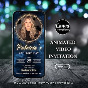 Digital Gold Neon Birthday Party Animated Video Invitation for Woman Minimalist Save The Date Editable Template with photo Instant Download