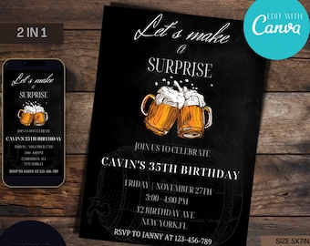 Beer Birthday Party Invitation|30th 40th 50th birthday invite | Adult Surprise Birthday Invite| Editable Canva Template| Instant Download|