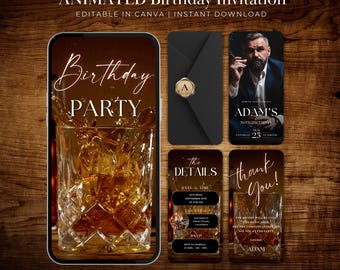 Invito di compleanno animato per uomini, video per festa di compleanno 40° e 50°, modello Canva a tema whisky Black Gold