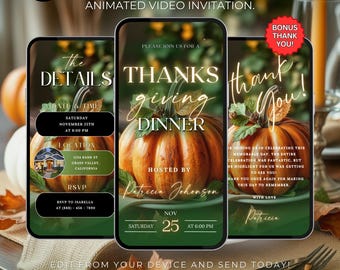 Digital Friendsgiving Dinner Party Invitation, Fall Party Video Invite, Cozy Thanksgiving Dinner Party Evite, Self Editable DIY Itinerary