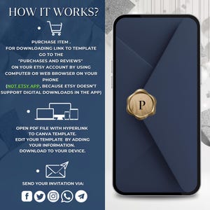 Puede incluir: Un smartphone azul marino muestra un dise&ntilde;o de invitaci&oacute;n digital con un sello de cera dorado. La imagen incluye instrucciones sobre c&oacute;mo descargar y editar la plantilla, con iconos de redes sociales en la parte inferior. El texto dice "&iquest;C&oacute;mo funciona?"