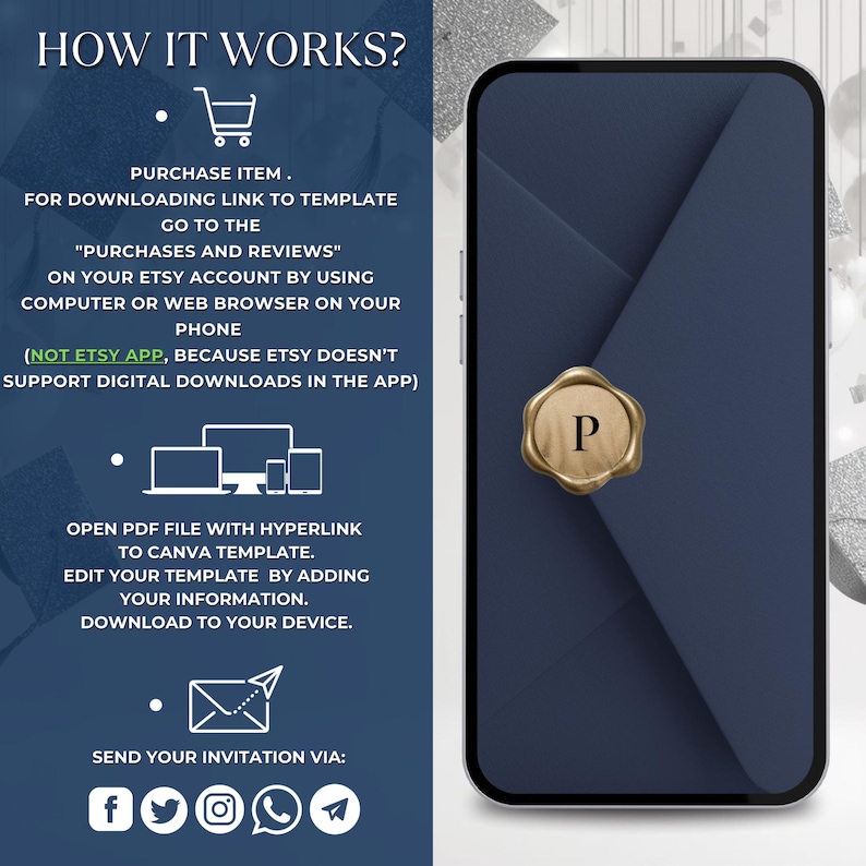 Puede incluir: Un smartphone azul marino muestra un dise&ntilde;o de invitaci&oacute;n digital con un sello de cera dorado. La imagen incluye instrucciones sobre c&oacute;mo descargar y editar la plantilla, con iconos de redes sociales en la parte inferior. El texto dice "&iquest;C&oacute;mo funciona?"