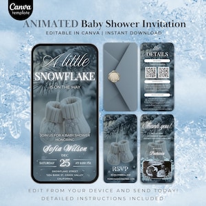 Può includere: Modello di invito animato per baby shower a tema fiocco di neve. Il design include una grafica per smartphone con il testo "A little snowflake is on the way" e stivaletti per bambini. Carte aggiuntive con dettagli, RSVP e note di ringraziamento.