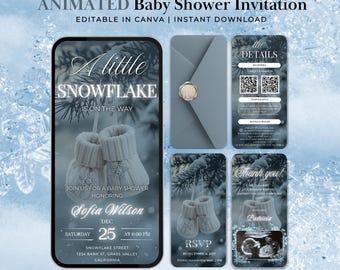 Invitación animada para baby shower / Un pequeño copo de nieve está en camino / Plantilla de Canva para baby shower de invierno / Invitación digital editable