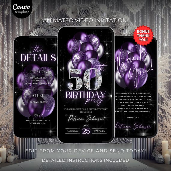 50th Birthday Party Invitation, Purple Silver Digital 50th Glam Dinner Invite Template, Editable Brunch Itinerary, Diamond Video Invite 667