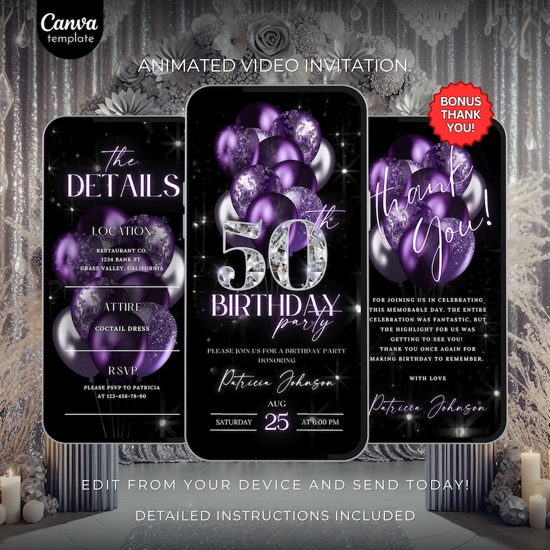 May include: A purple and silver animated video invitation for a 50th birthday party. The invitation includes details such as the location, attire, RSVP information, and the date and time of the party. The text "The Details" is at the top of the invitation, and the text "Thank You!" is at the bottom of the invitation.