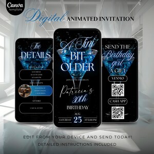 A Tini Bit Older Animated Birthday Invite, Blue and Black Cocktail Party Canva Template, Editable Video Birthday Card, Digital Download