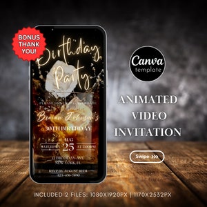 Modello di invito digitale per festa di compleanno a tema whisky, invito per il 50° compleanno per uomo, invito video per festa a sorpresa a tema whisky