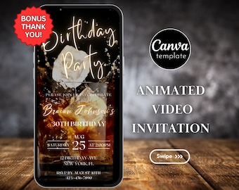 Plantilla de invitación digital para fiesta de cumpleaños con temática de whisky. Invitación para el 50 cumpleaños de un hombre. Video de cumpleaños con whisky. Invitación para fiesta sorpresa de Evite.