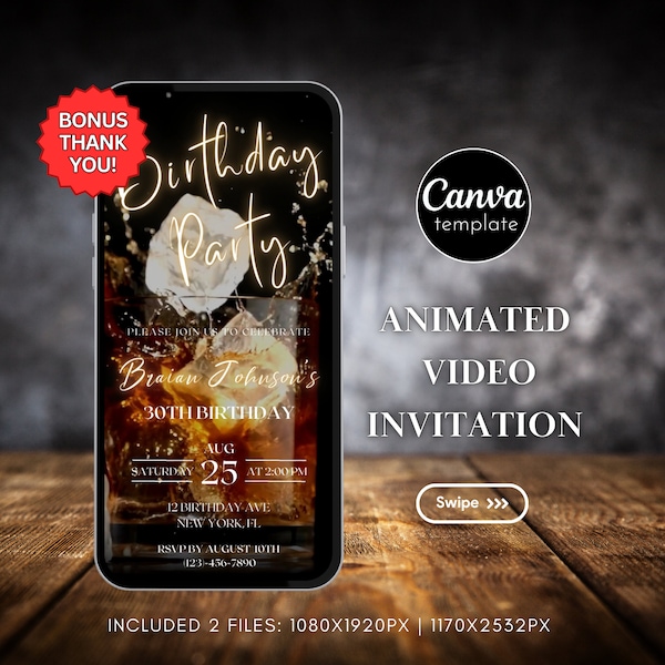 Birthday Party Digital Invitation Template Whiskey-Themed 50th Birthday Invite for Man Video Birthday Whiskey Evite Surprise Party Invite