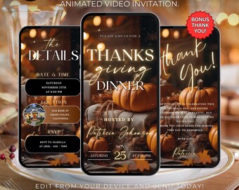 Digital Friendsgiving Dinner Invitation, Fall Party Video Invite, Cozy Thanksgiving Dinner Party Evite, Self Editable DIY Itinerary Template