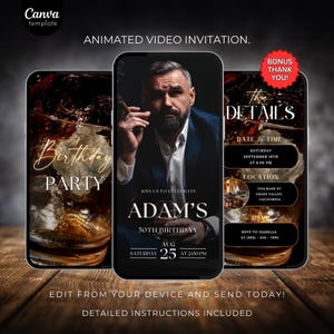 Invito digitale per compleanno uomo, invito uomo con foto, invito per uomo, invito animato, modello modificabile per festa di compleanno per dispositivi mobili 680
