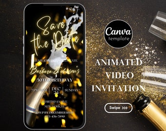 Save the Date Gold and Black Animated Video Invitation Template for Birthday Party Save the Date Gold Neon  Birthday Invitation Template  4