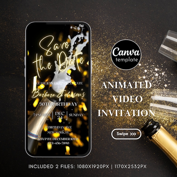 Save the Date Gold and Black Animated Video Invitation Template for Birthday Party Save the Date Gold Neon  Birthday Invitation Template  4