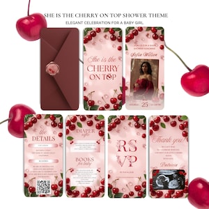 Puede incluir: Un conjunto de invitaciones para baby shower con tem&aacute;tica de cerezas. El conjunto incluye un sobre burdeos, tarjetas de invitaci&oacute;n y tarjetas de confirmaci&oacute;n de asistencia. Las tarjetas presentan ilustraciones de cerezas y el texto "She is the Cherry on Top".