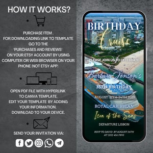 May include: A digital invitation for a birthday cruise. The invitation features a photo of a cruise ship with the text "Birthday Cruise" and "Barbara Jonson's 35th Birthday". The invitation also includes the date of the cruise, August 17th-24th, 2023, and the name of the cruise line, Royal Caribbean. The invitation is for the Icon of the Seas, departing from Lisbon.