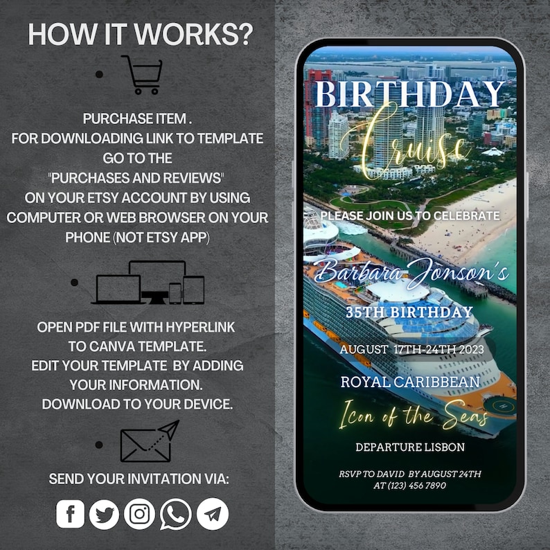 May include: A digital invitation for a birthday cruise. The invitation features a photo of a cruise ship with the text "Birthday Cruise" and "Barbara Jonson's 35th Birthday". The invitation also includes the date of the cruise, August 17th-24th, 2023, and the name of the cruise line, Royal Caribbean. The invitation is for the Icon of the Seas, departing from Lisbon.