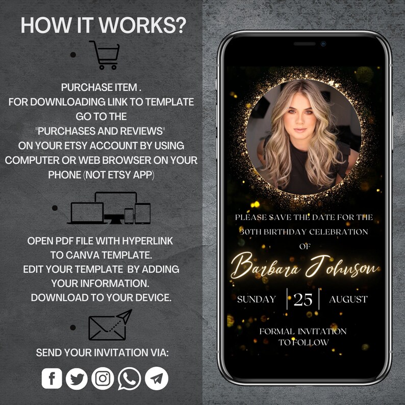 Editable Birthday Invitation Template Black and Gold Birthday Invite ...