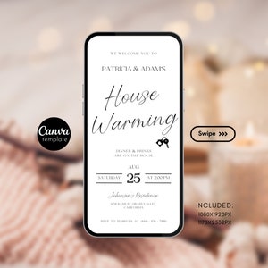 May include: A white and black digital invitation for a housewarming party. The invitation features the text "We welcome you to Patricia & Adam's House Warming" with a key icon. The date and time of the party are listed as "Saturday, August 25 at 2:00 PM". The location is listed as "Johnson's Residence, 1254 Bank St Grass Valley, California". The RSVP information is listed as "RSVP to Isabella at (5381) 456-7890". The invitation also includes the text "Dinner & Drinks are on the house".