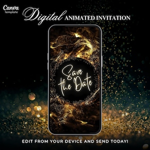 Digital Black Gold Neon Save the Date Animated Video Invitation for Woman Minimalist Save The Date Instant Download Editable Template 84