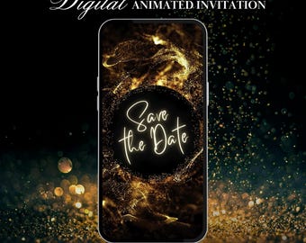Digital Black Gold Neon Save the Date Animated Video Invitation for Woman Minimalist Save The Date Instant Download Editable Template 84