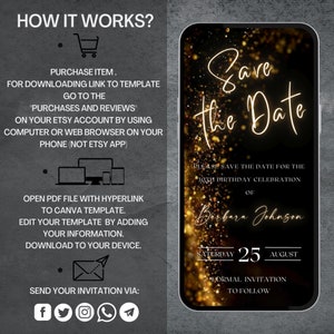 Op de afbeelding: Een mock-up van een telefoonbeeldscherm met gouden glitter en de tekst "Save the Date" in wit handschrift. De tekst "Please save the date for the 80th birthday celebration of Barbara Johnson" staat onder de hoofdtekst. De datum is "Saturday 25 August" en de tekst "Formal invitation to follow" staat onderaan het scherm.