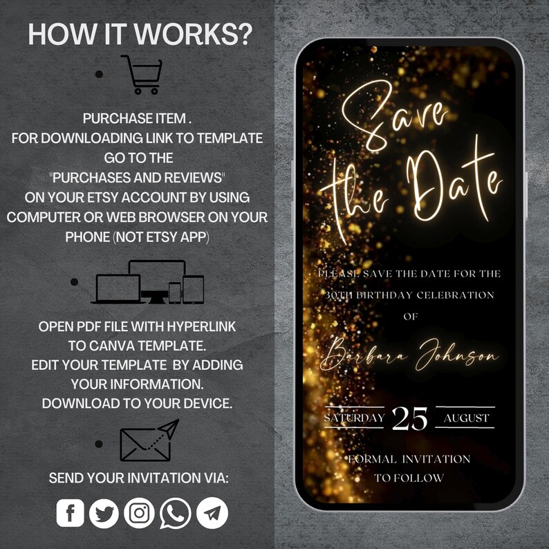 Op de afbeelding: Een mock-up van een telefoonbeeldscherm met gouden glitter en de tekst "Save the Date" in wit handschrift. De tekst "Please save the date for the 80th birthday celebration of Barbara Johnson" staat onder de hoofdtekst. De datum is "Saturday 25 August" en de tekst "Formal invitation to follow" staat onderaan het scherm.