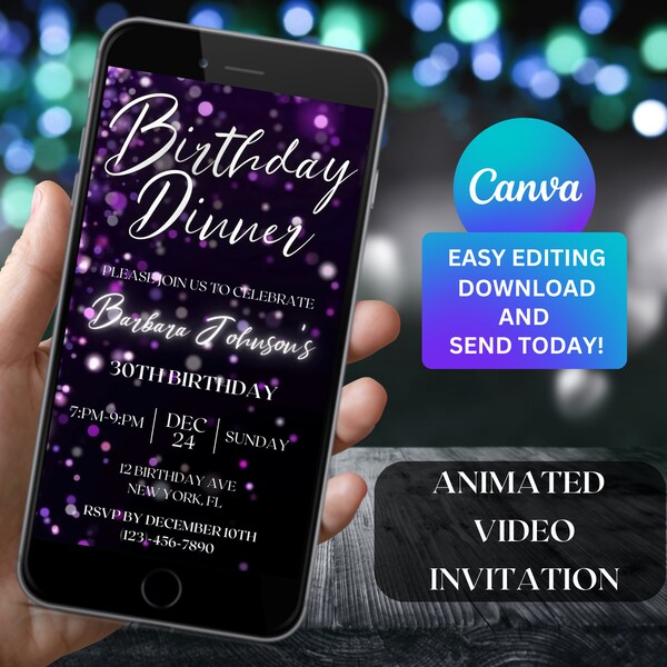 Purple Birthday Invitation Editable Template Digital Birthday Dinner Animated Video Invite instant Download Electronic Bday mobile invite136