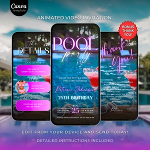 Invitación de cumpleaños para fiesta en la piscina, invitación digital animada para fiesta en la piscina, plantilla de itinerario de cumpleaños para fiesta en la piscina, invitación a barbacoa, planificador de eventos