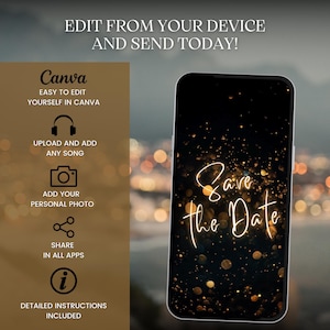 May include: A smartphone displaying a black background with gold glitter and the text "Save the Date" in a white cursive font. The phone is on a blurred background of city lights.